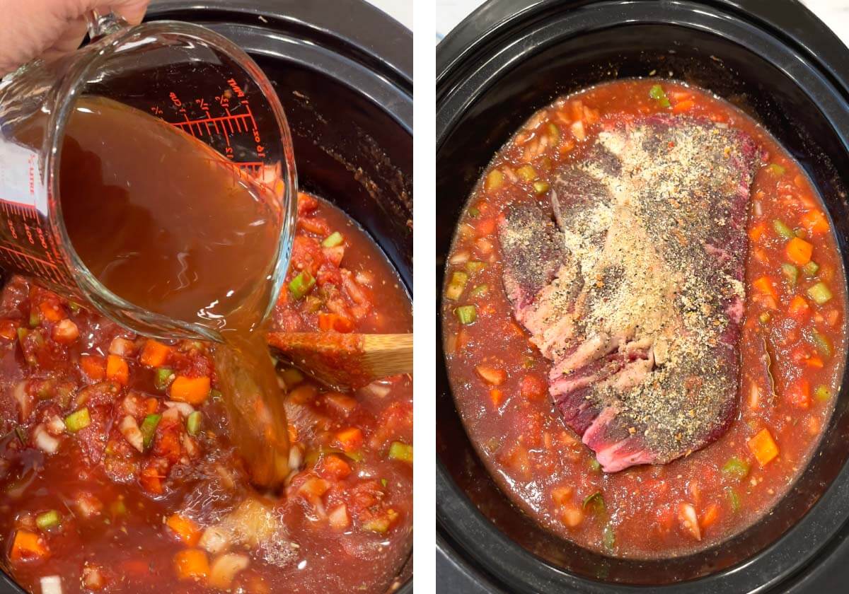 pouring beef broth into crockpot, beef roast added