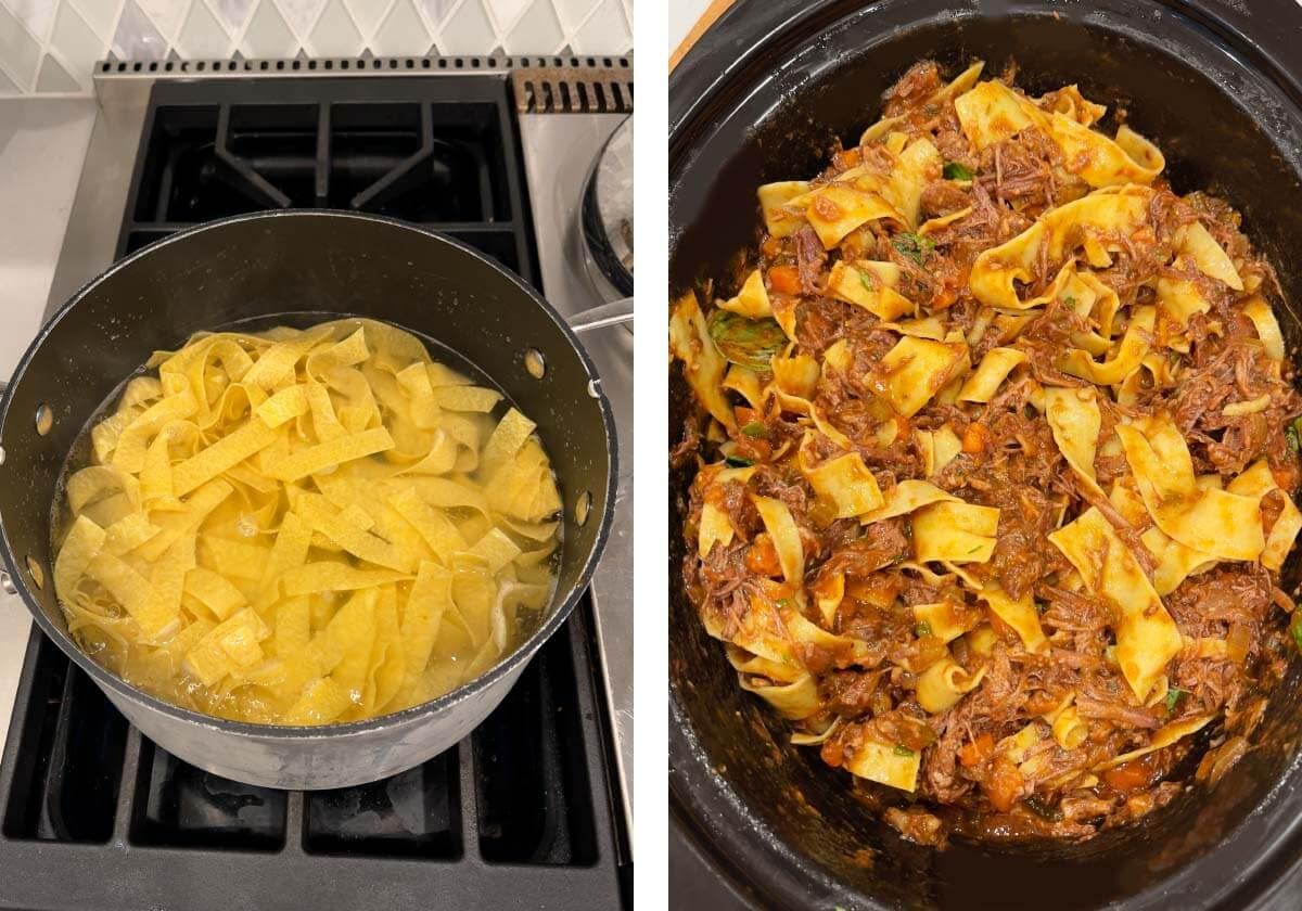 cooking pasta on stove, finished ragu with pasta in it