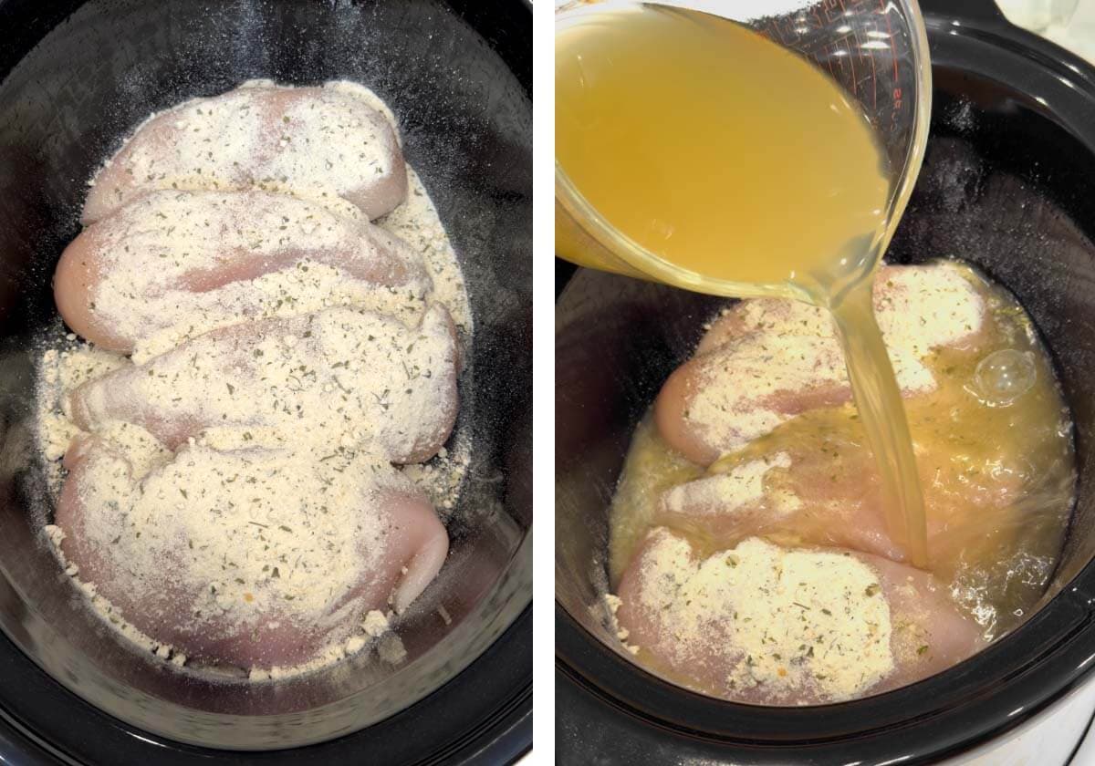 chicken breasts, and ranch in crockpot, broth pouring in.