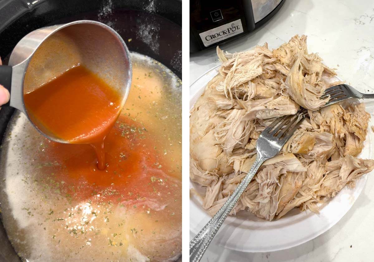 adding buffalo wing sauce to crockpot, shredding cooked chicken