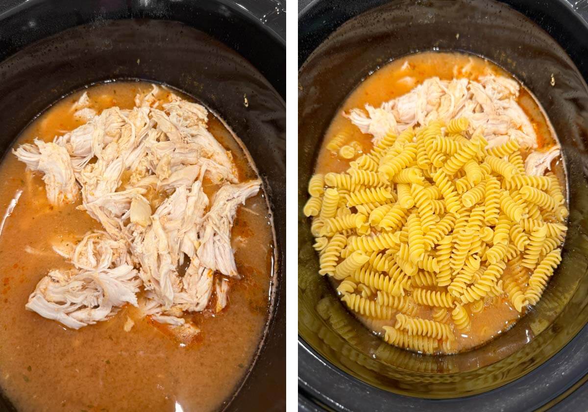 shredded chicken added back to crockpot, pasta added