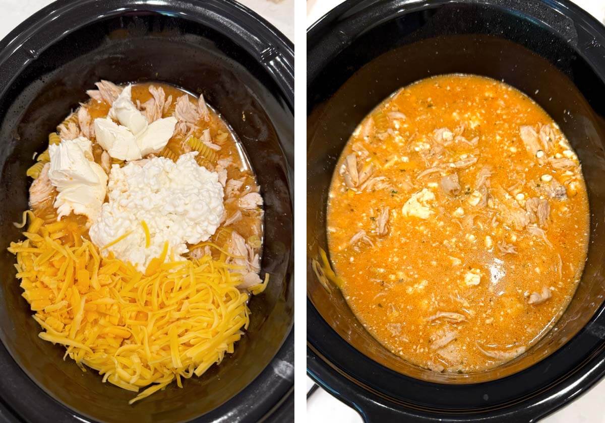 cheeses added to cooked chicken, stirred.