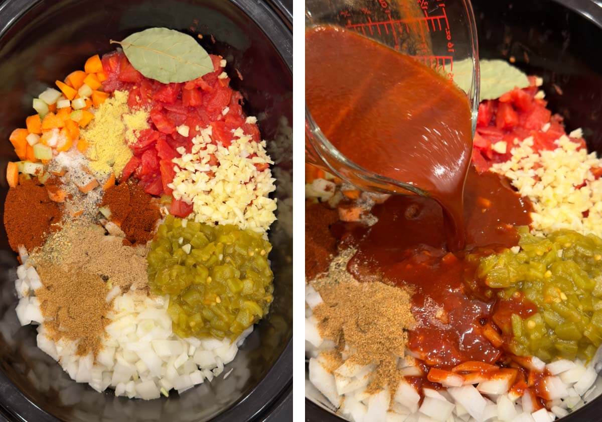 veggies and spices added to the crock, enchilada sauce being added