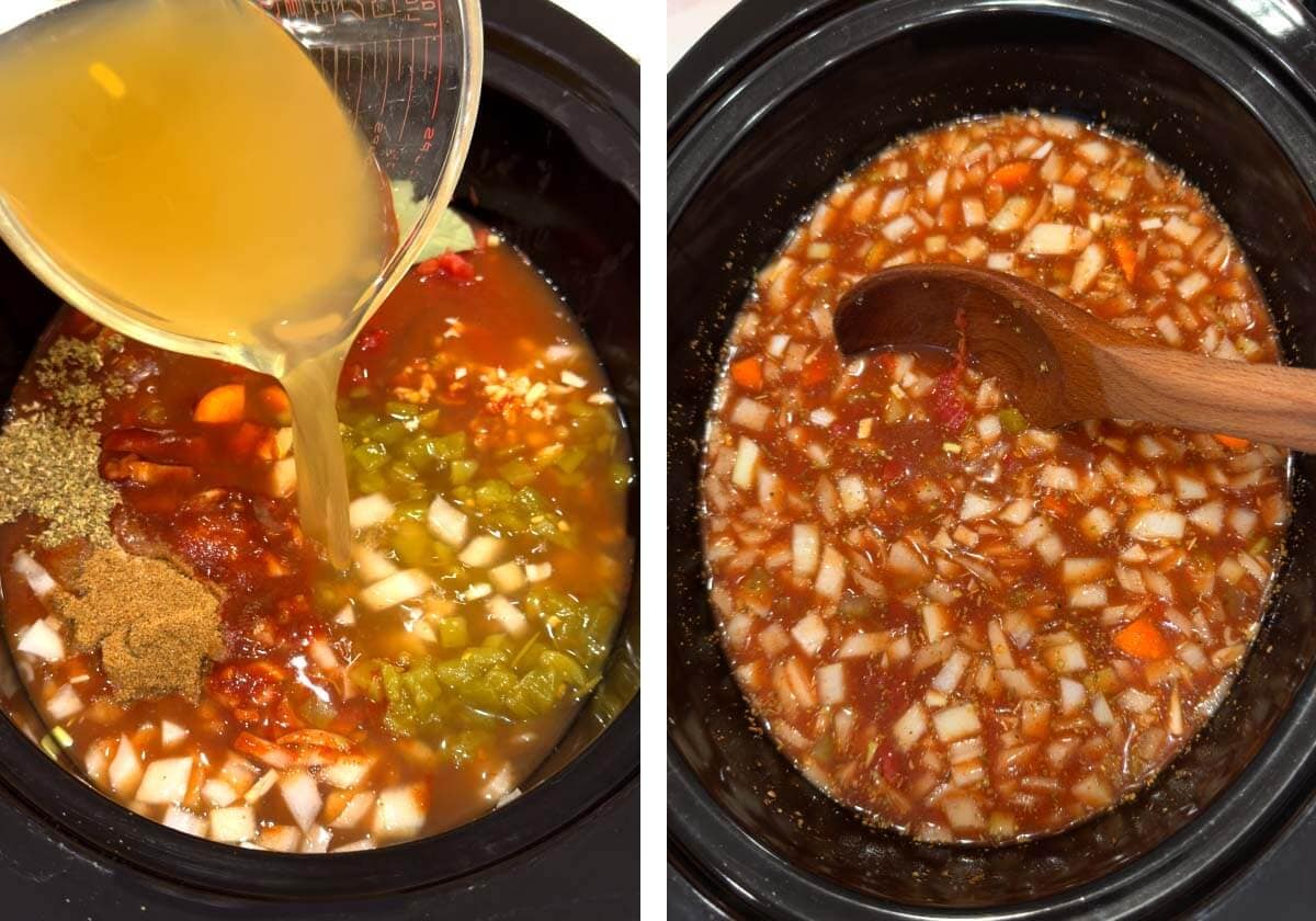 chicken broth added to crock, stirring contents