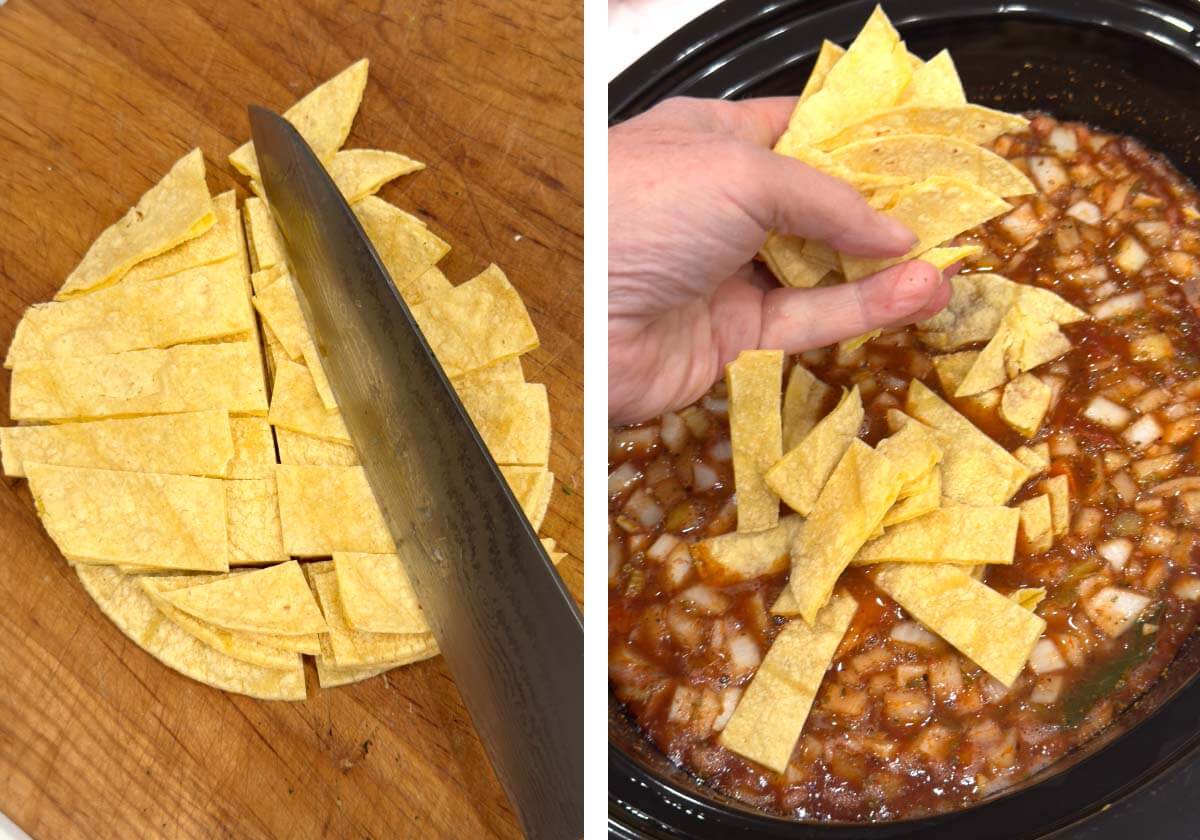 cutting and adding corn tortillas to crock