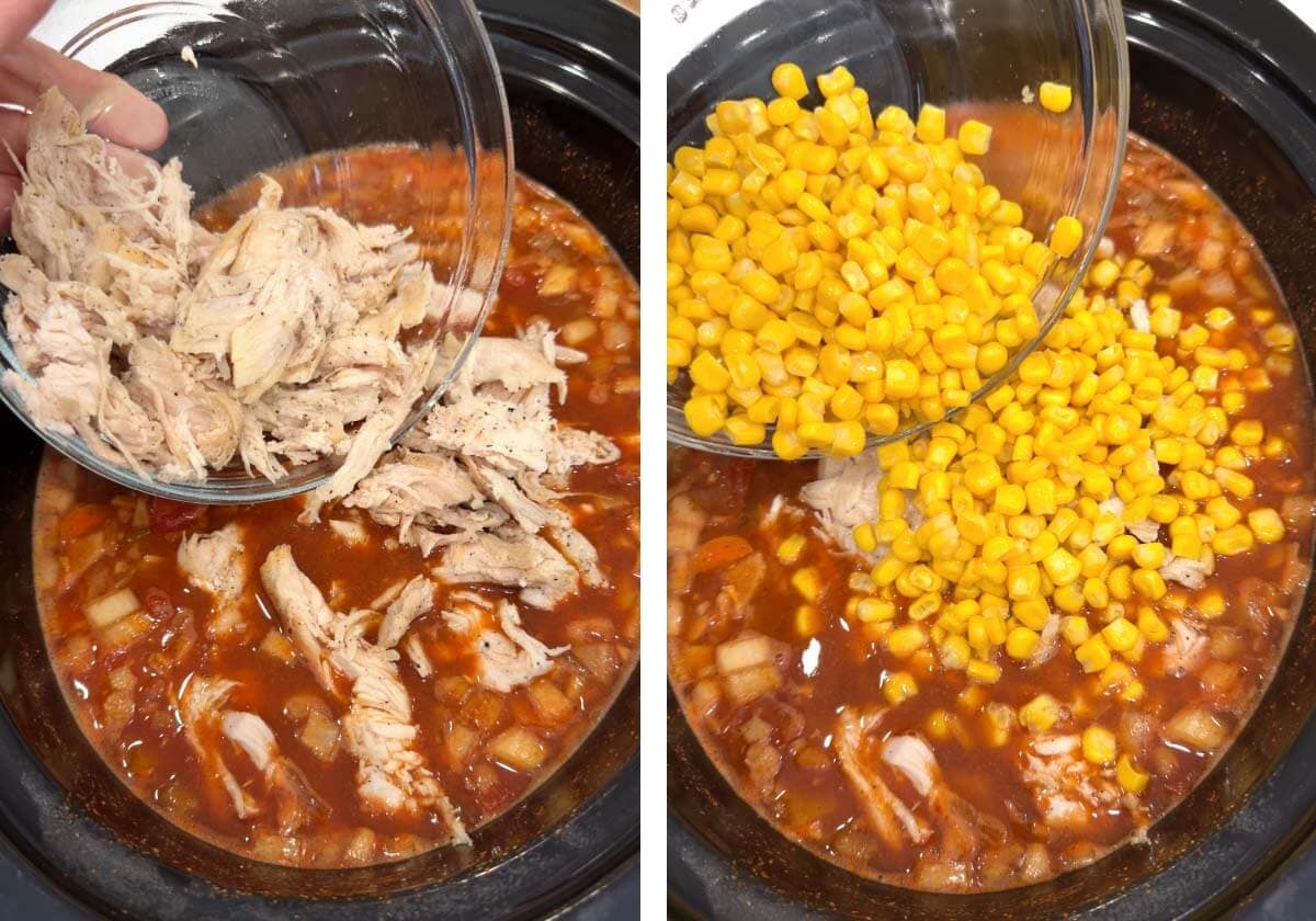 chicken and corn being added to crock