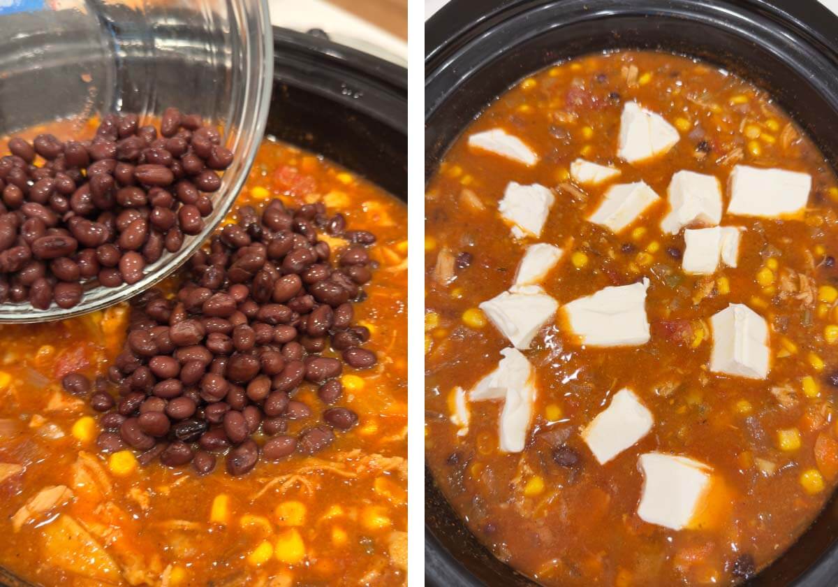beans and cream cheese being added to crock