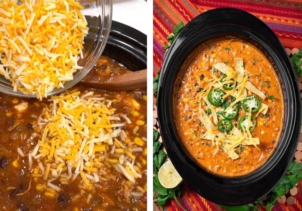shredded cheese being added to crock, finished soup in crock