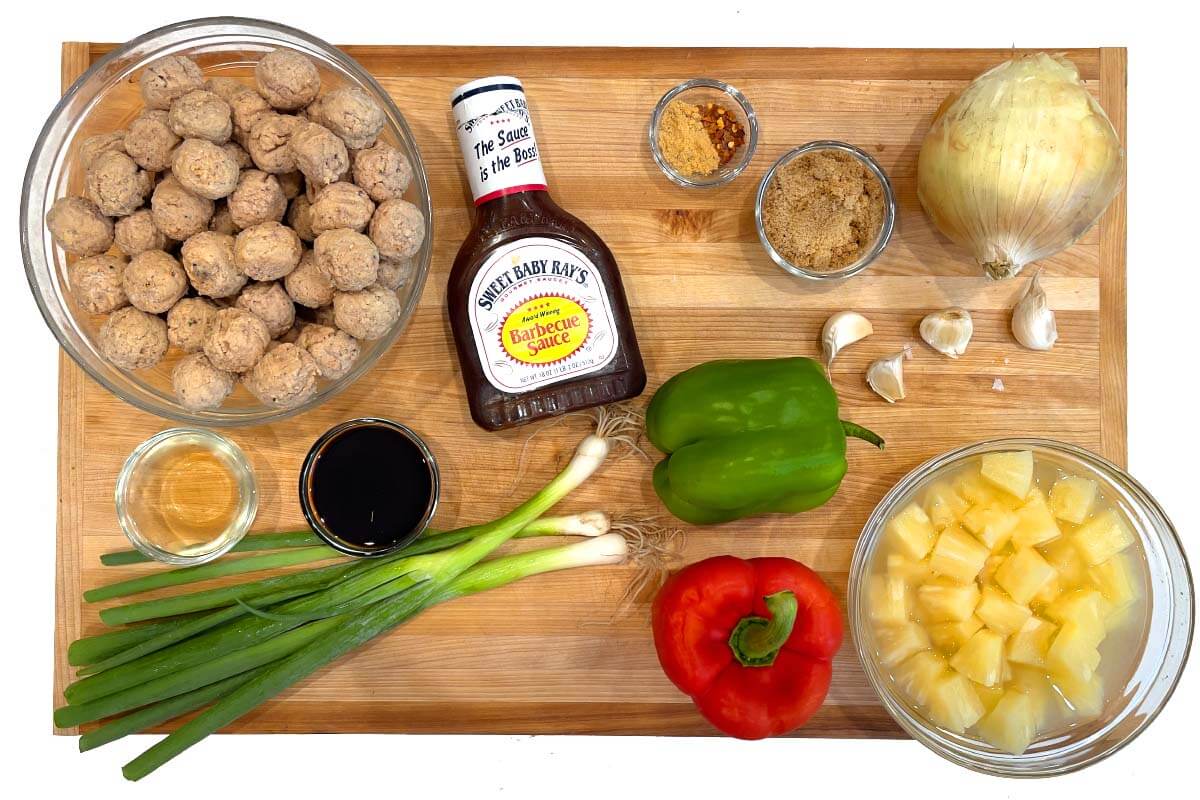 Crockpot Hawaiian Meatballs ingredients shot on a board