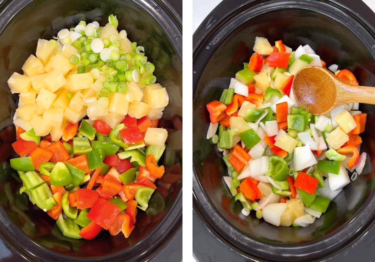 veggies added to crockpot, mixing with wood spoon.*