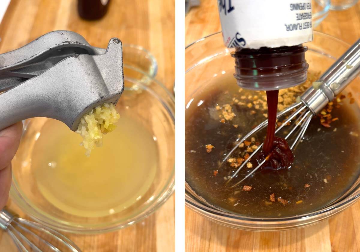 adding garlic and bbq sauce to bowl