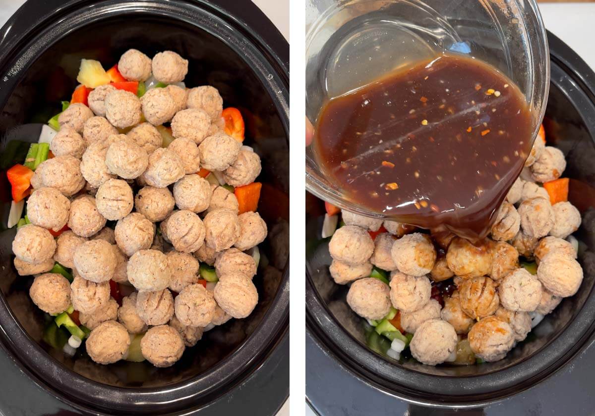 meatballs added to crockpot, pouring sauce over them