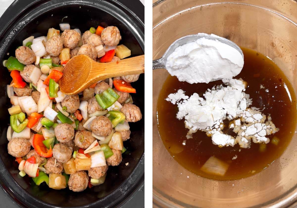 mixing meatballs, veggies, and sauce. Making cornstarch slurry