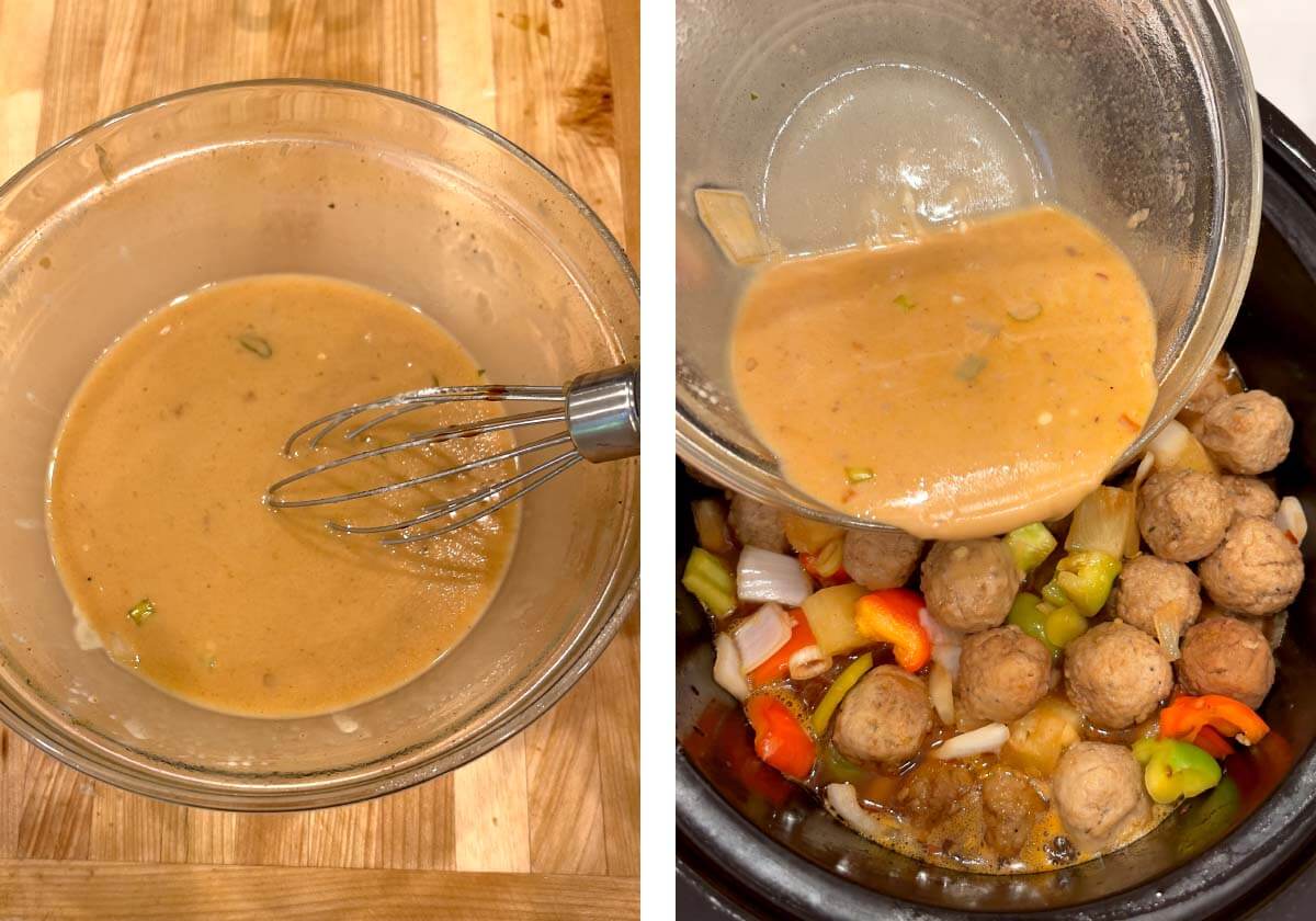 whisked cornstarch slurry, pouring slurry into meatballs