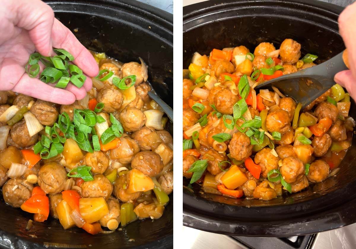 adding green onion to meatballs and stirring