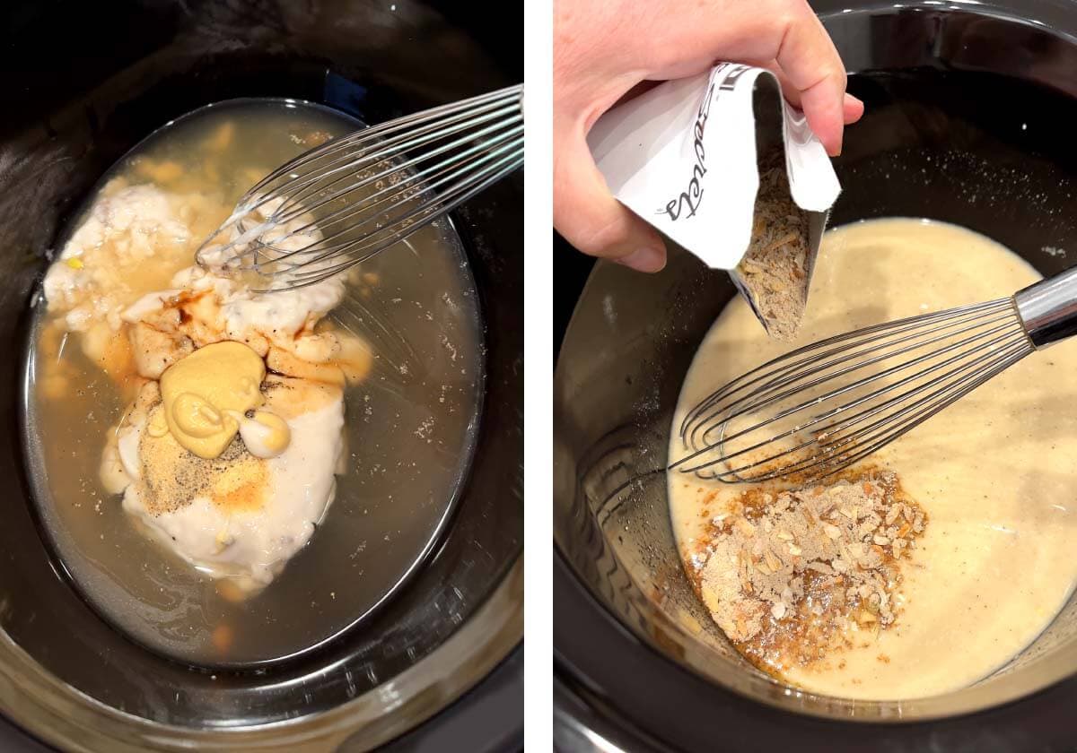 whisking sauce ingredients in crock