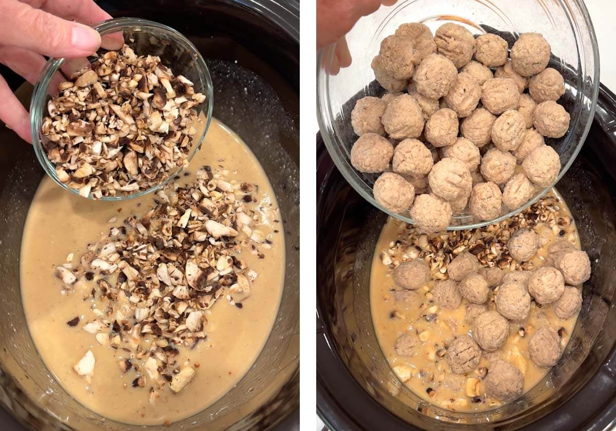 adding chopped mushrooms to sauce, adding meatballs