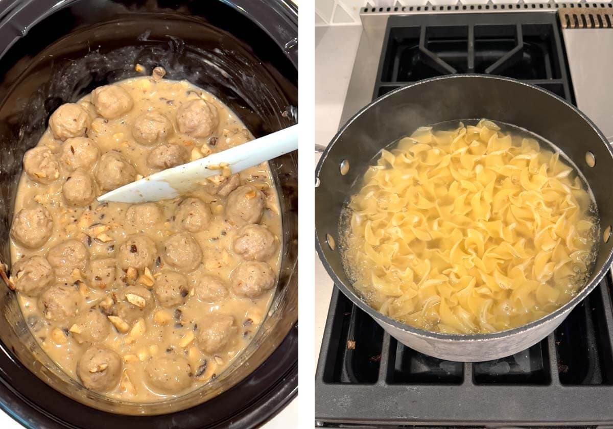 swedish meatballs in sauce, noodles boiling in pot