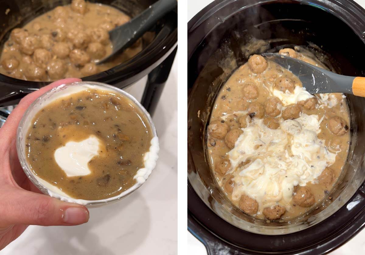 tempering sour cream with sauce, mixing sour cream into sauce