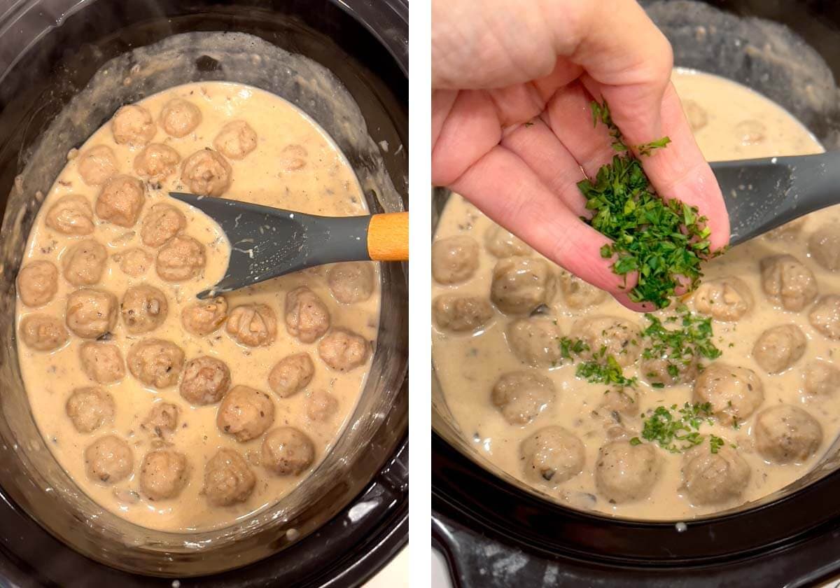 stirring swedish meatballs sauce, adding parsley to meatballs