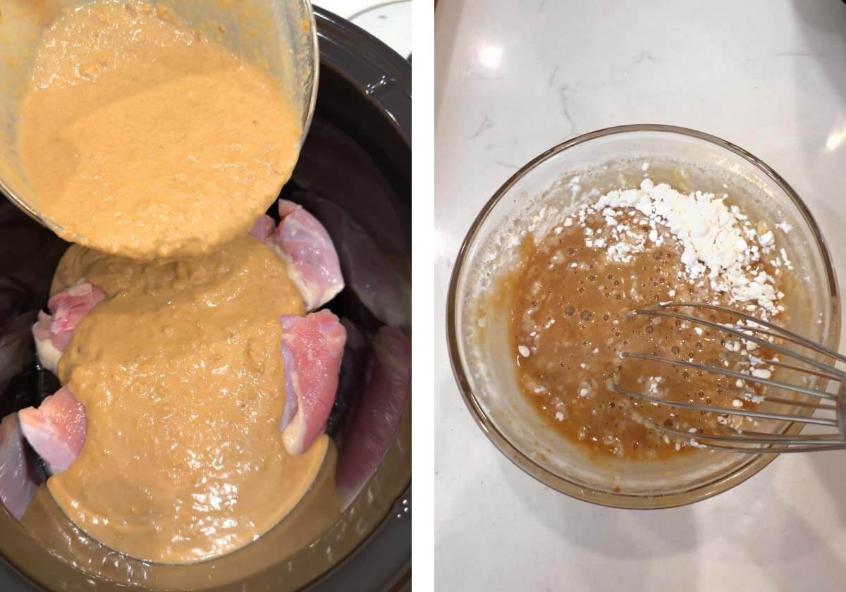 pouring peanut sauce over chicken, whisking cornstarch slurry