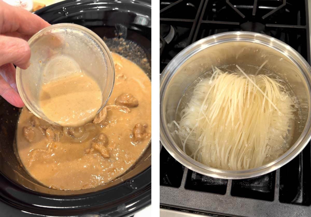 adding corn starch slurry to peanut sauce, boiling rice noodles
