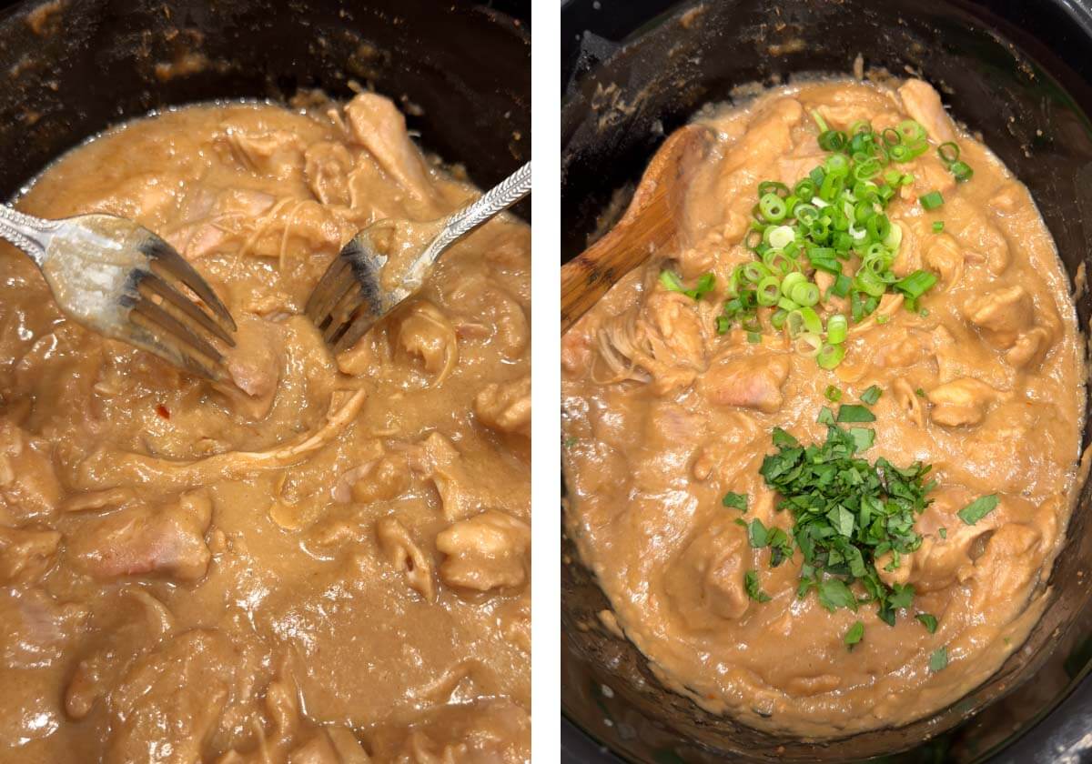 shredding chicken with 2 forks, garnish added to the chicken