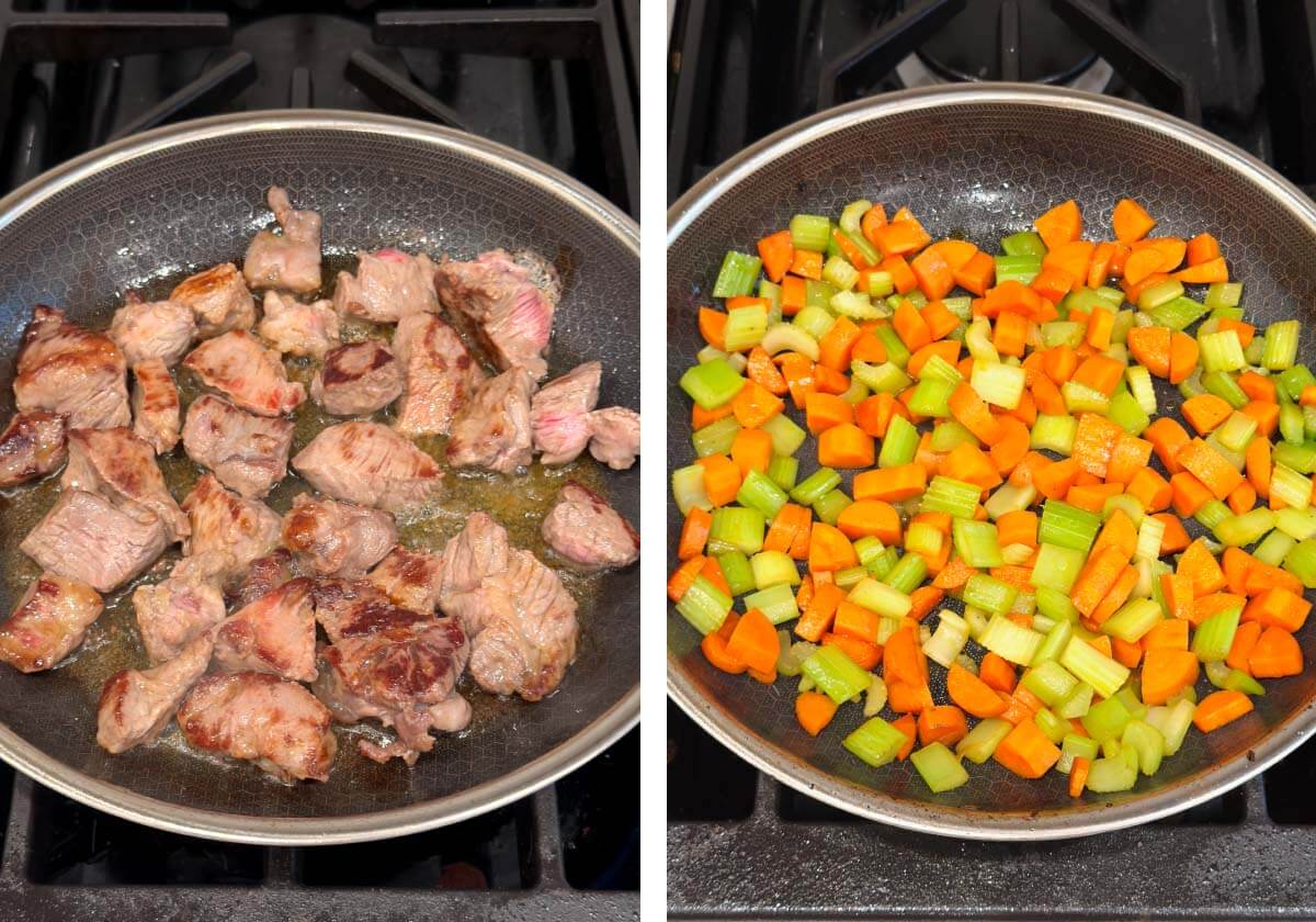 browning the beef in a skillet, sautรฉing veggies in skillet