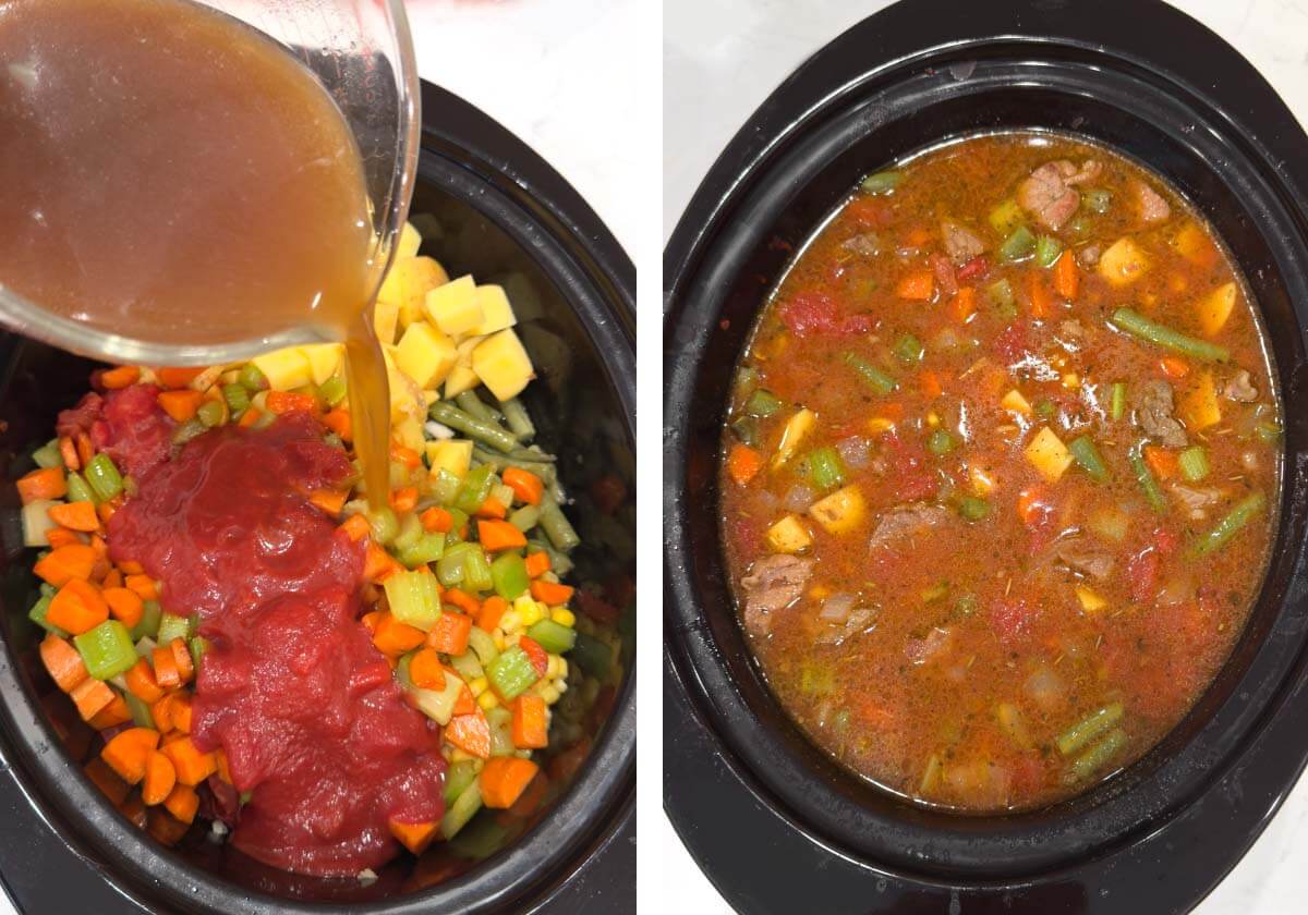 pouring beef broth into crock full of meat and veggies, and all mixed together