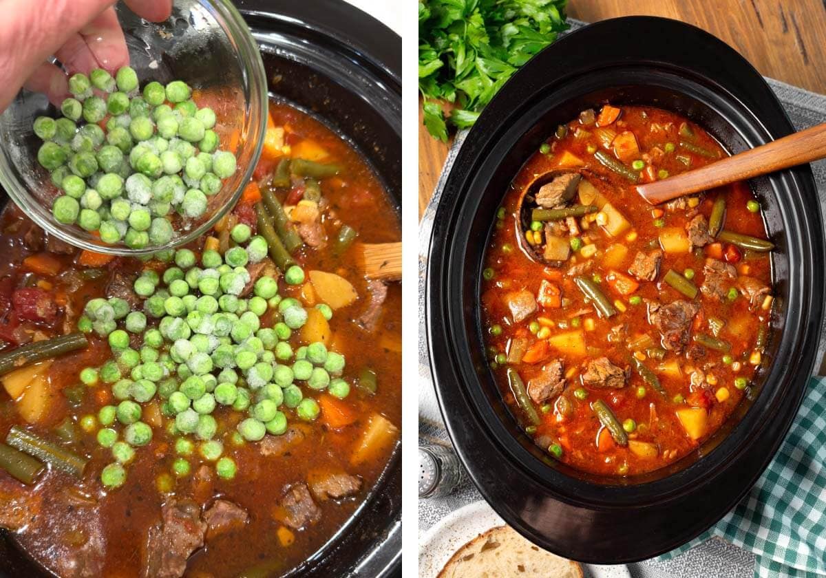 adding frozen peas to cooked soup, final photo of finished soup