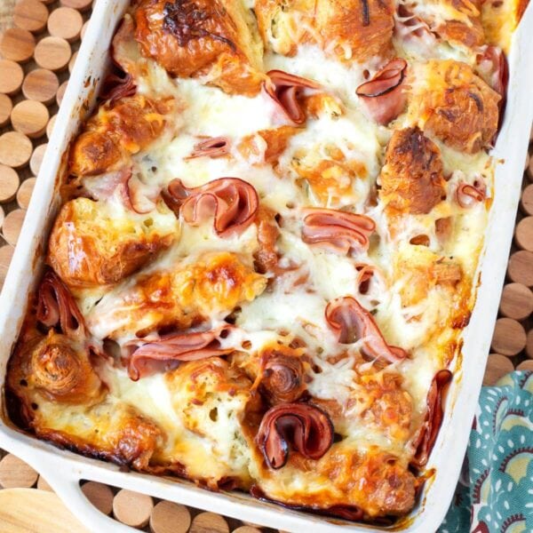 Croissant Breakfast Casserole with Ham and Cheese