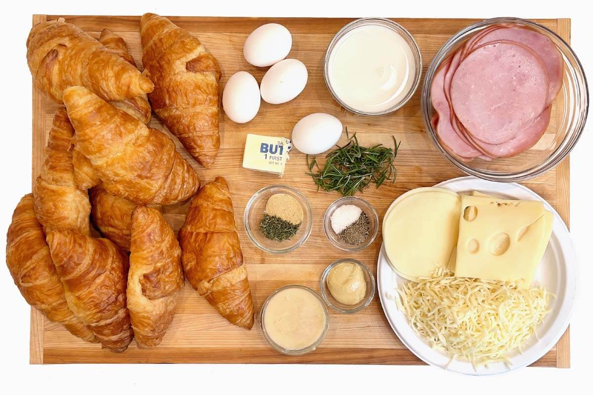 Croissant Breakfast Casserole with Ham and Cheese ingredients shot