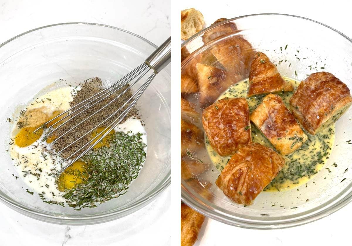 whisking egg mixture, dipping croissants in it