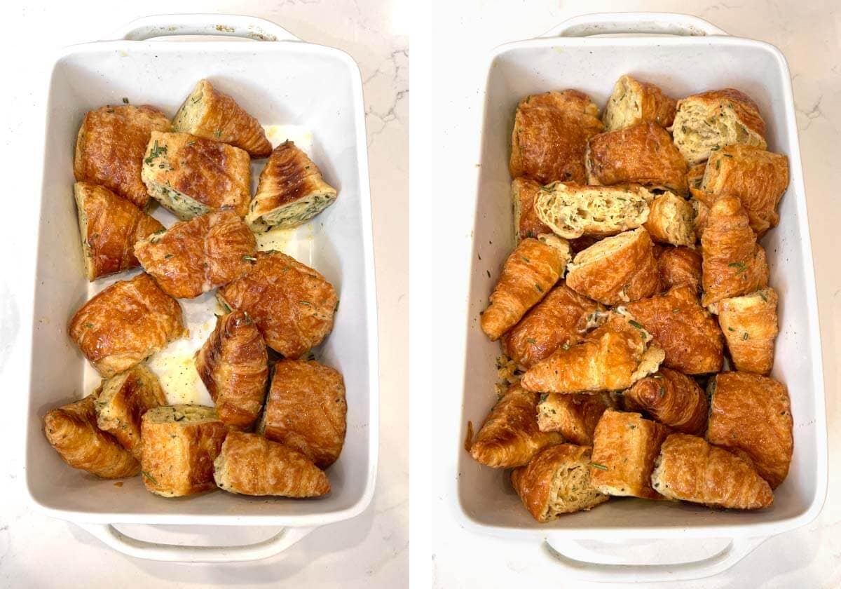 dipped croissant halves in baking dish
