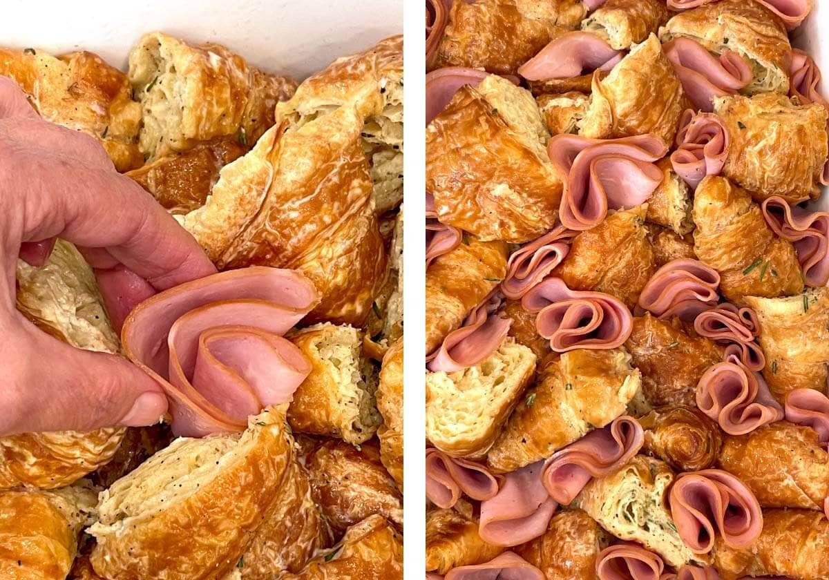tucking folded ham slices in between the croissants.