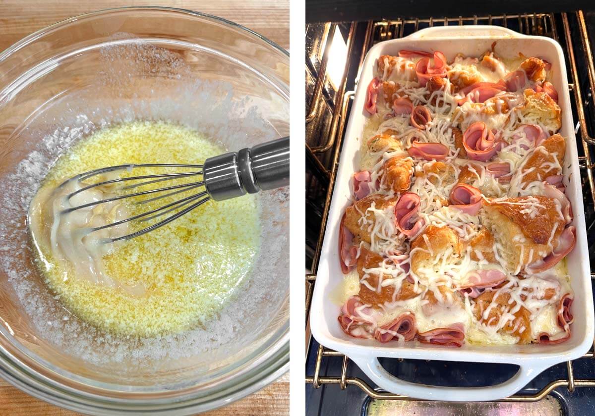 whisking up honey-Dijon butter, baked casserole on oven rack