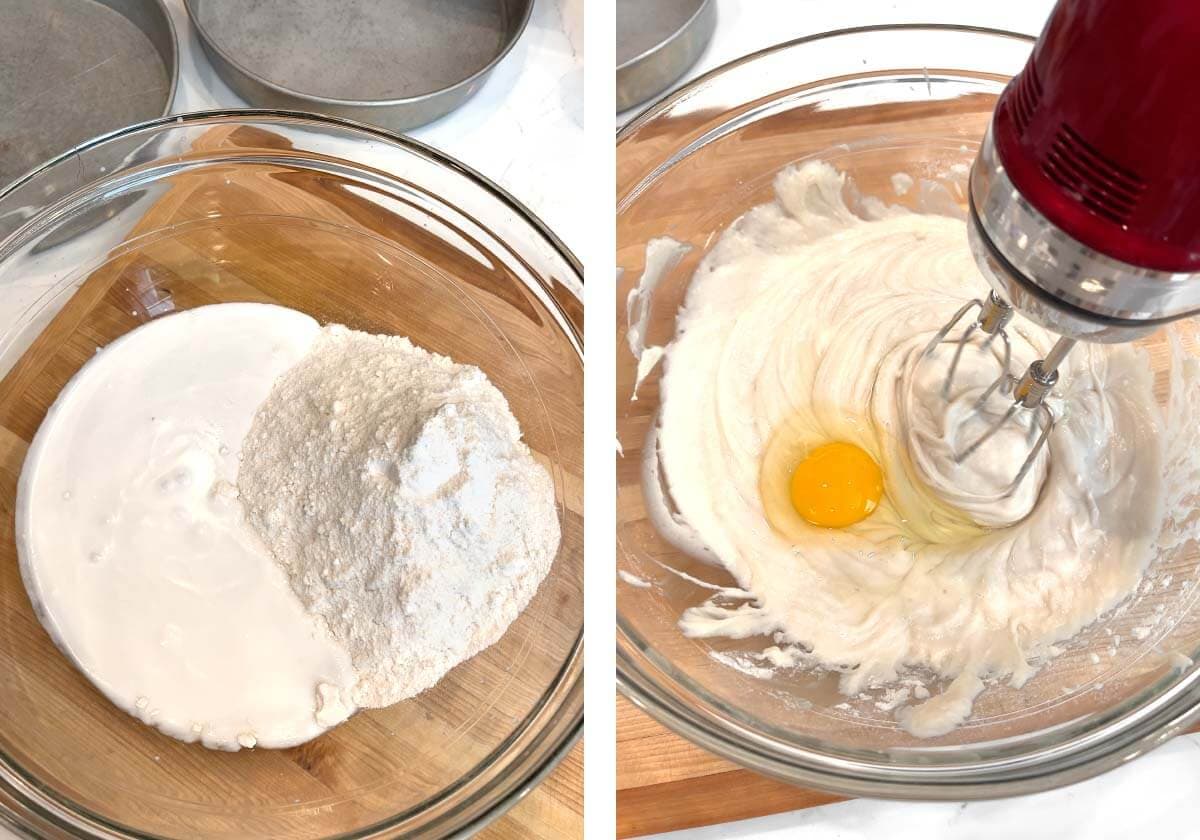 ingredients in a bowl, eggs added, mixing