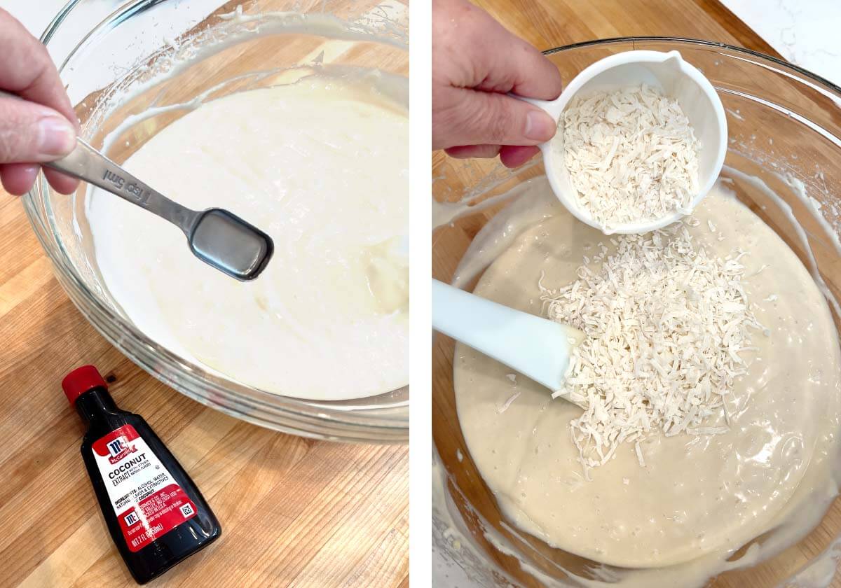 adding coconut extract and coconut flakes to batter