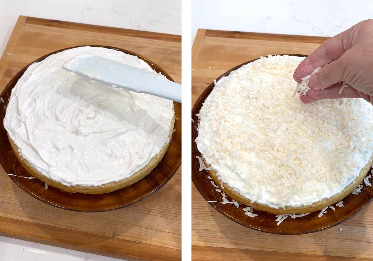 Frosting the bottom layer and adding a layer of shredded coconut on top