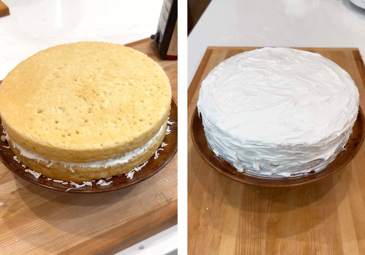 the second cake placed on top of the first one, fully frosted cake before adding coconut