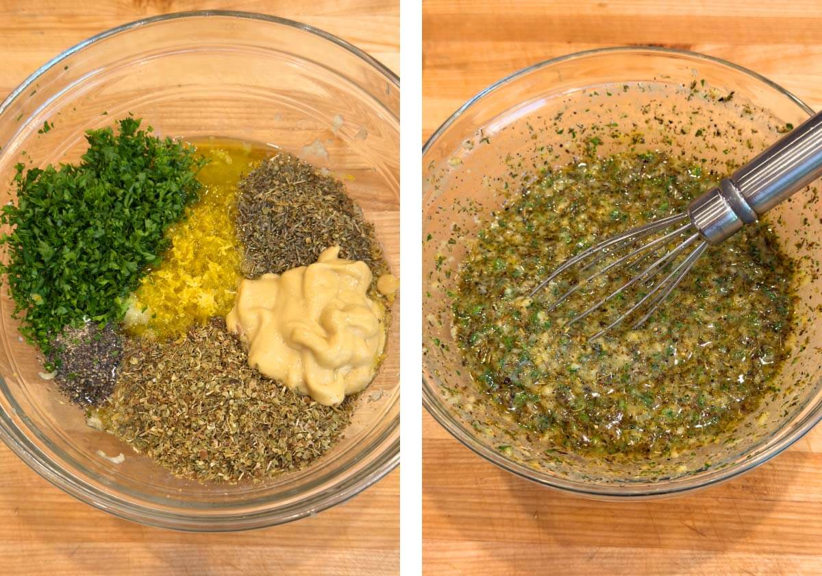 herbs, oil, mustard in a bowl, and whisked up