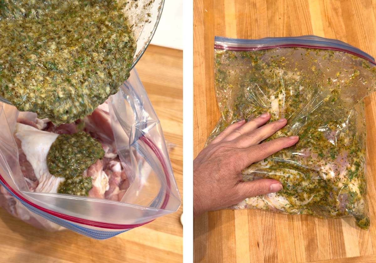 pouring marinade over chicken in baggie and massaging it.