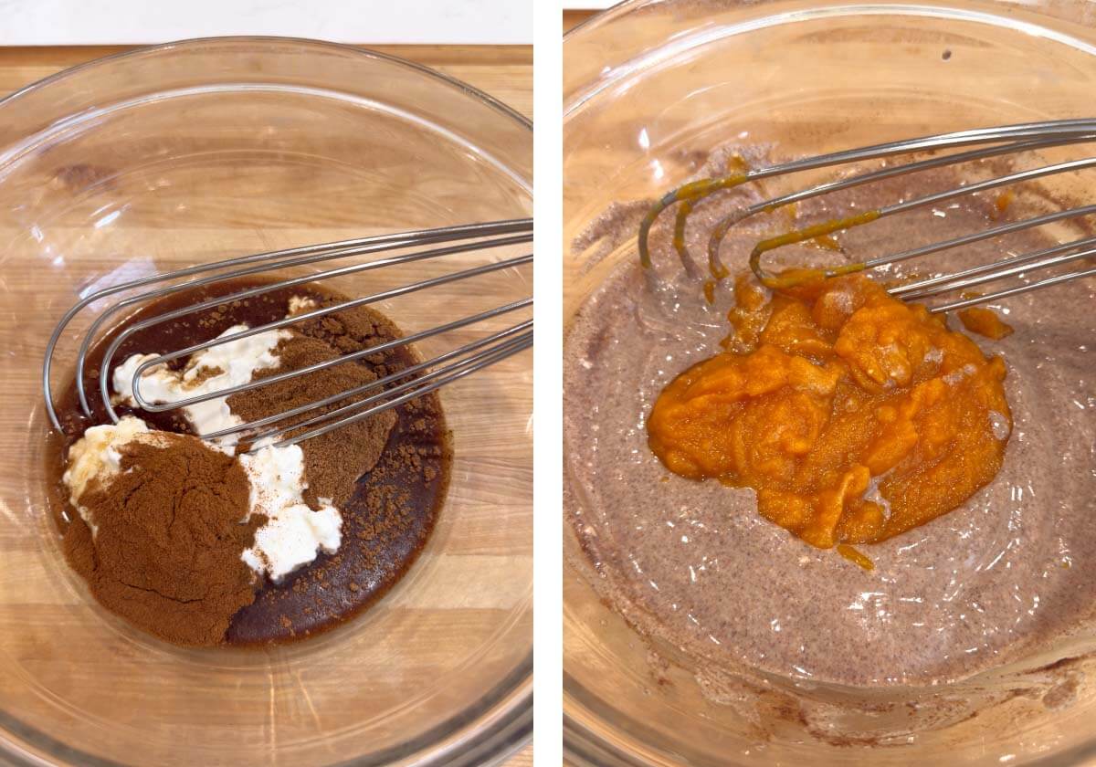 whisking together the first 5 ingredients, adding pumpkin puree