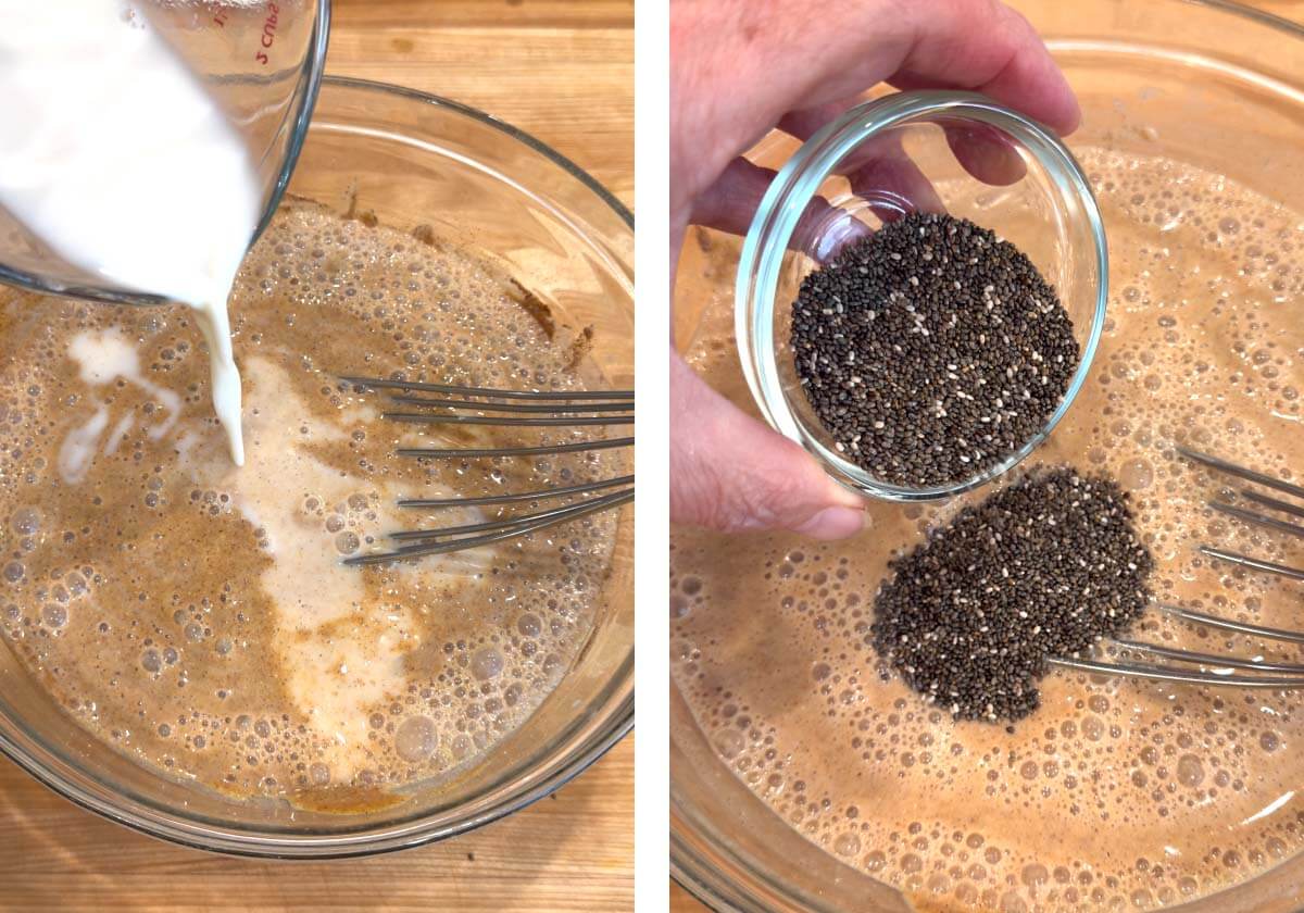 whisking in almond milk, then adding chia seeds