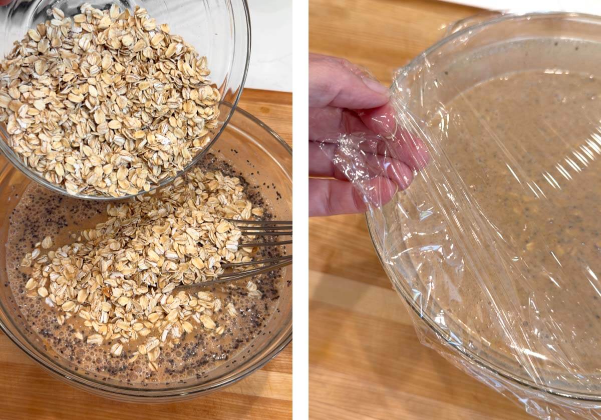 stirring in the oats, covering bowl with plastic wrap