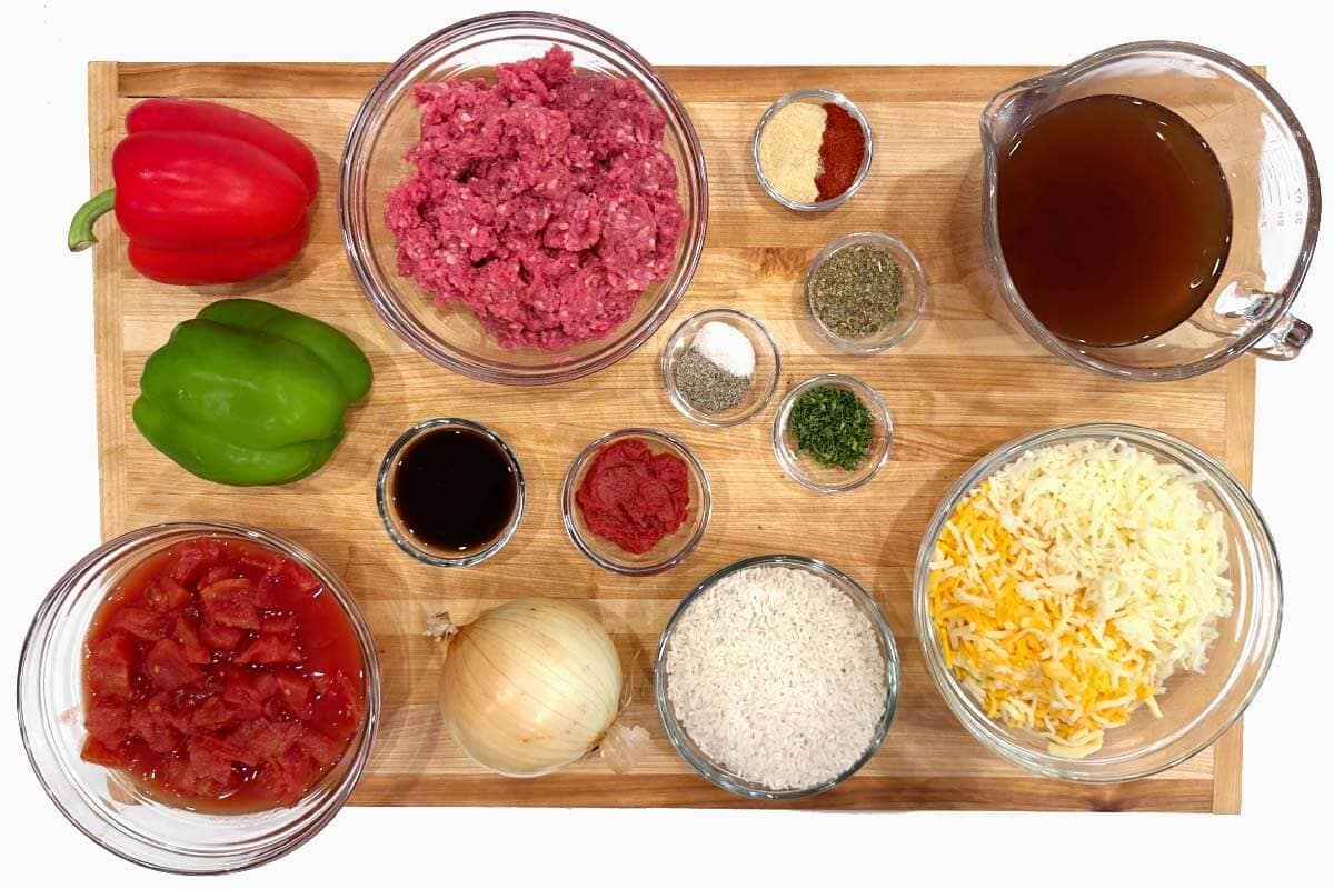 Unstuffed Pepper Skillet ingredients shot on a board