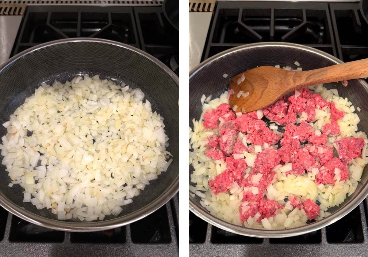 cooking onion and ground beef in skillet