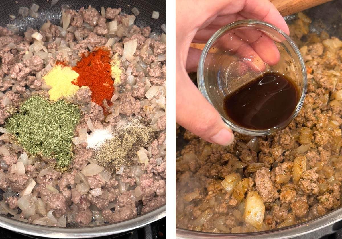 spices and Worcestershire sauce added to ground beef
