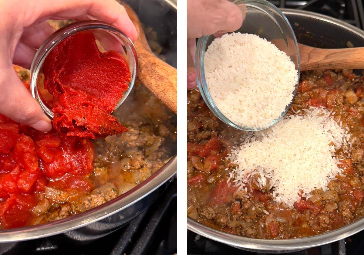 adding tomatoes and rice to beef mixture