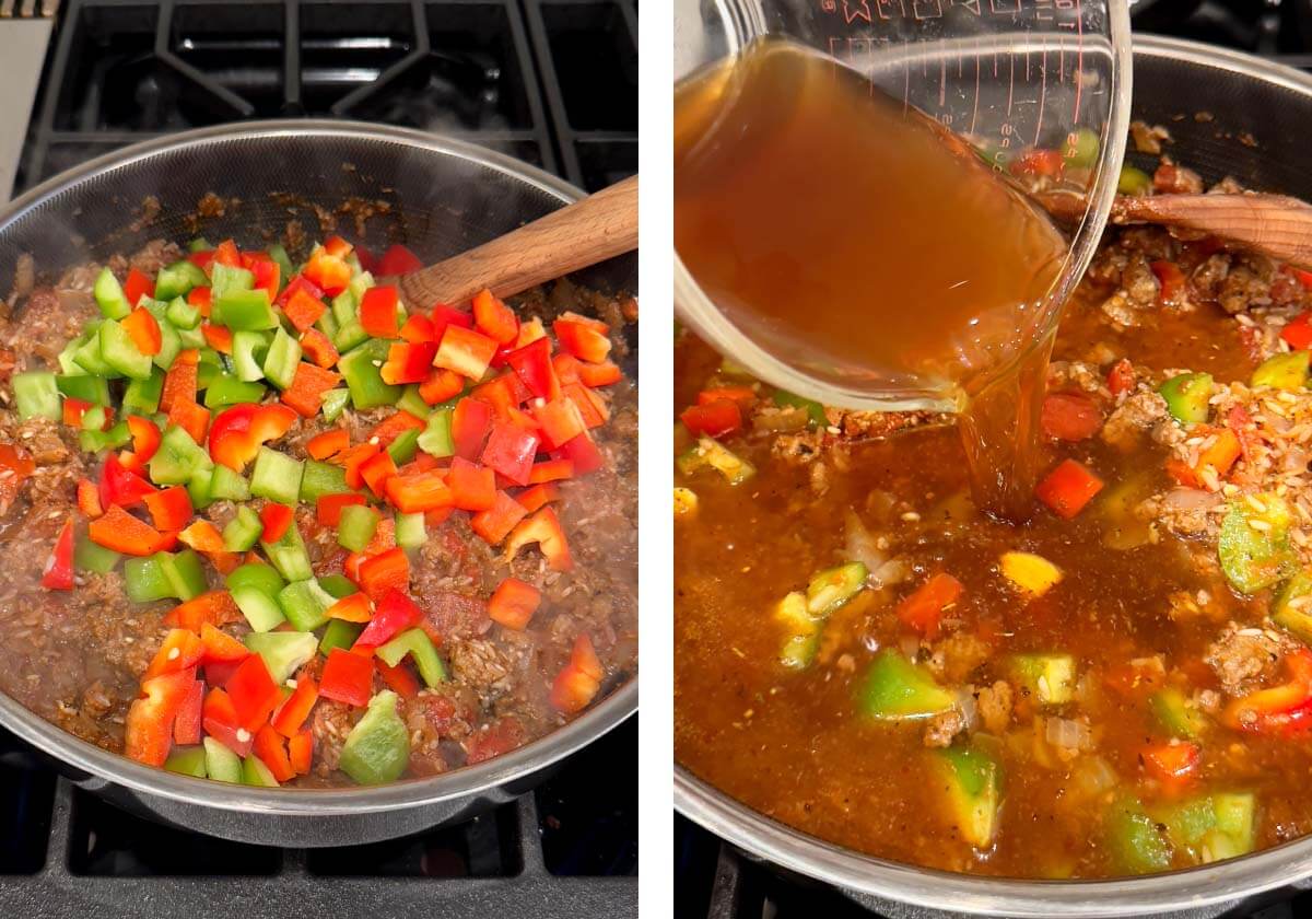 adding bell peppers and beef broth to skillet